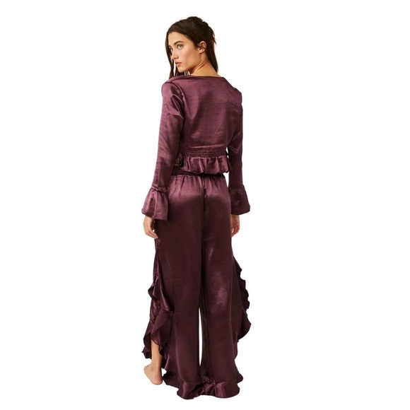 INTIMATELY by FREE PEOPLE NWOT Chasing Love Ruffle Satin Pajama in Precious Wine - Picture 3 of 13